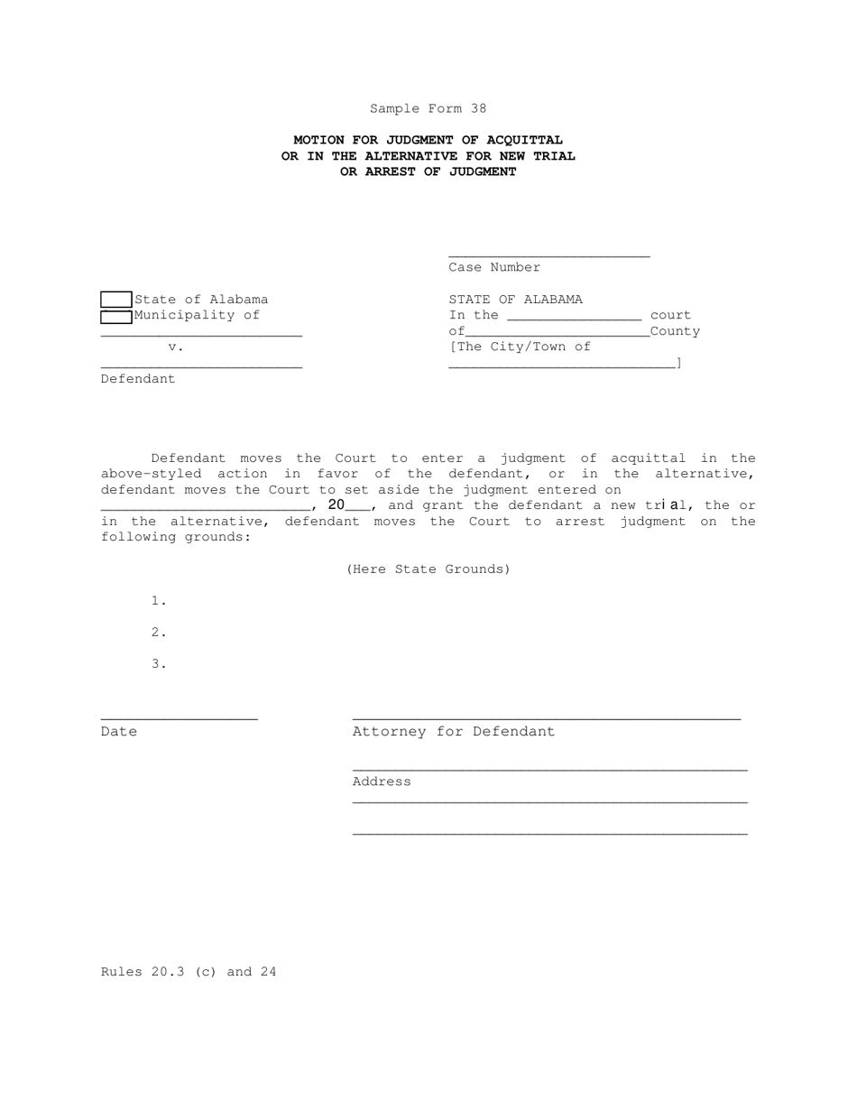 Sample Form 38 Motion for Judgment of Acquittal or in the Alternative for New Trial or Arrest of Judgment - Alabama, Page 1