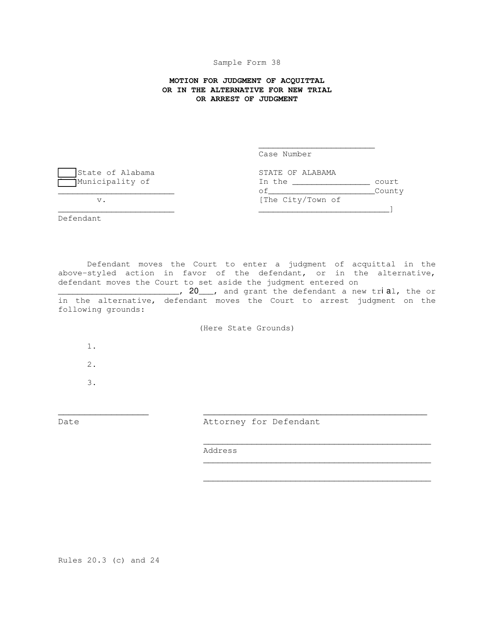 Sample Form 38 Motion for Judgment of Acquittal or in the Alternative for New Trial or Arrest of Judgment - Alabama