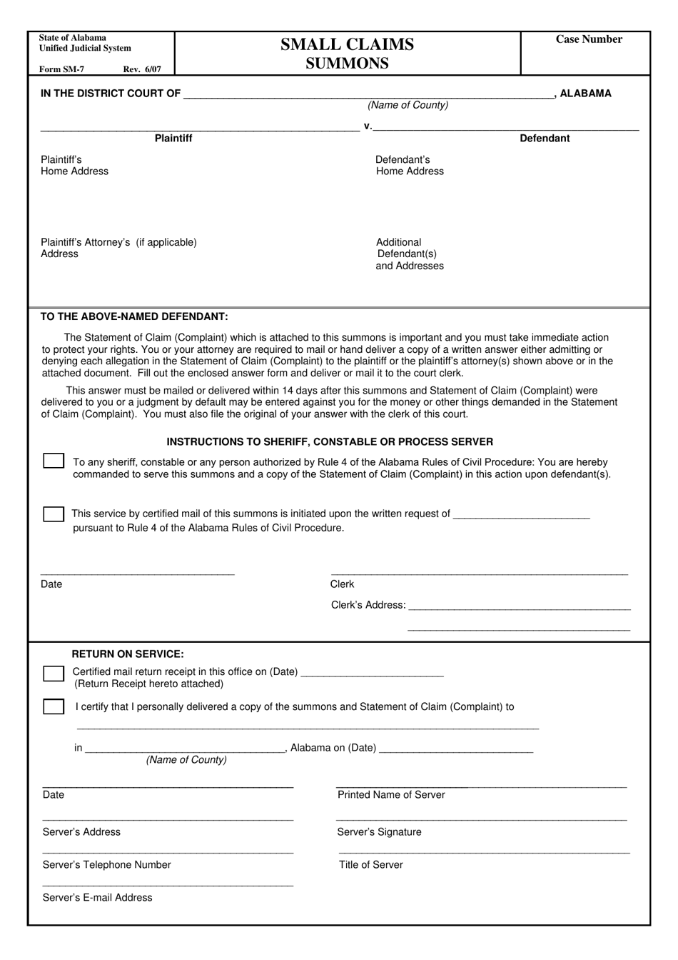 Form SM-07 Small Claims - Summons - Alabama, Page 1