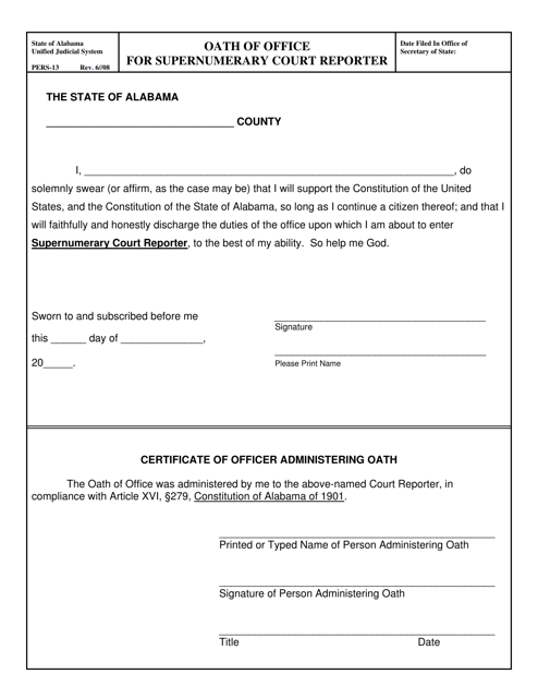 Form PERS-13 Oath of Office for Supernumerary Court Reporter - Alabama