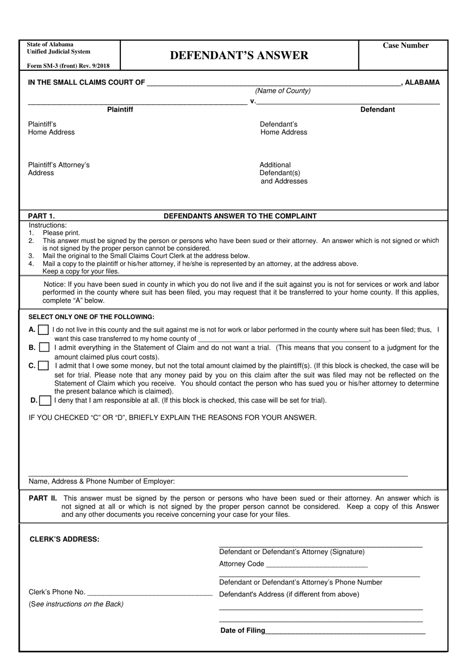 Form SM-3 Defendants Answer - Alabama, Page 1