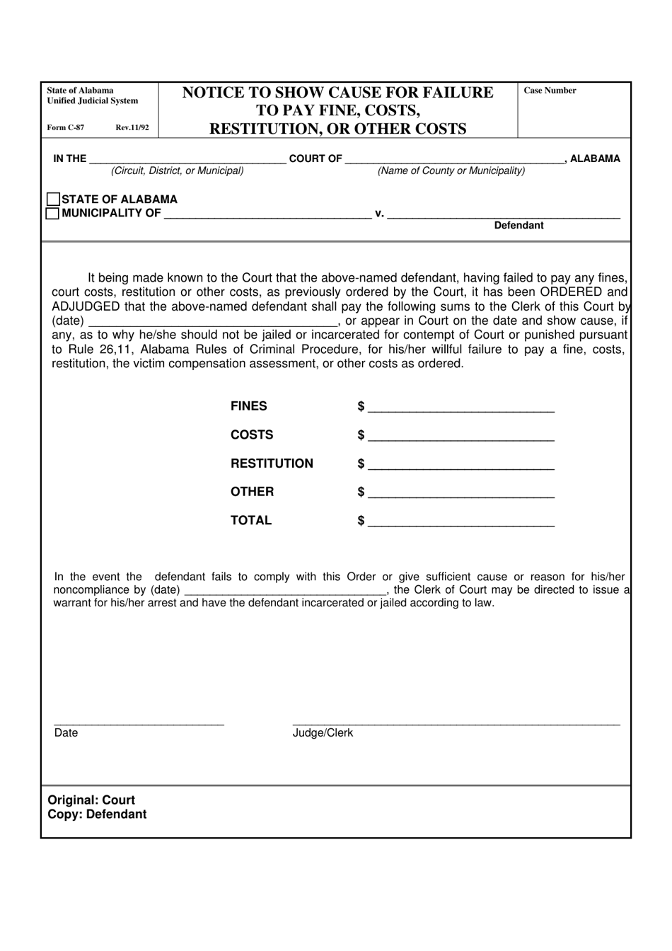 Form C-87 Notice to Show Cause for Failure to Pay Fine, Costs, Restitution, or Other Costs - Alabama, Page 1