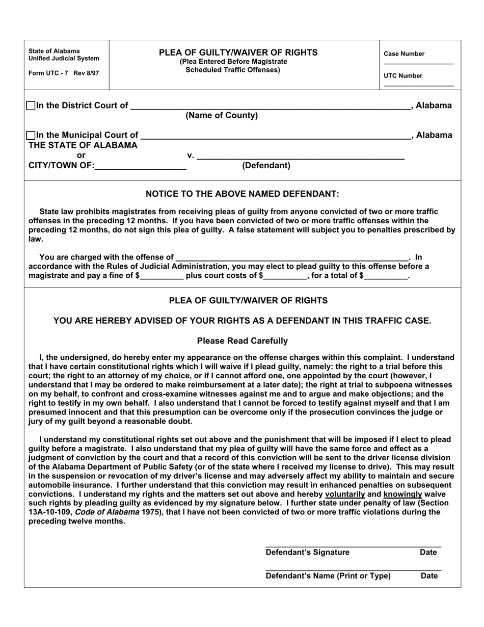 Form UTC-07 Plea of Guilty / Waiver of Rights (Plea Entered Before Magistrate Scheduled Traffic Offenses) - Alabama, Page 1