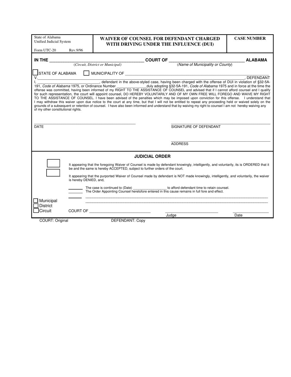 Form UTC-20 Waiver of Counsel for Defendant Charged With Driving Under the Influence (Dui) - Alabama, Page 1