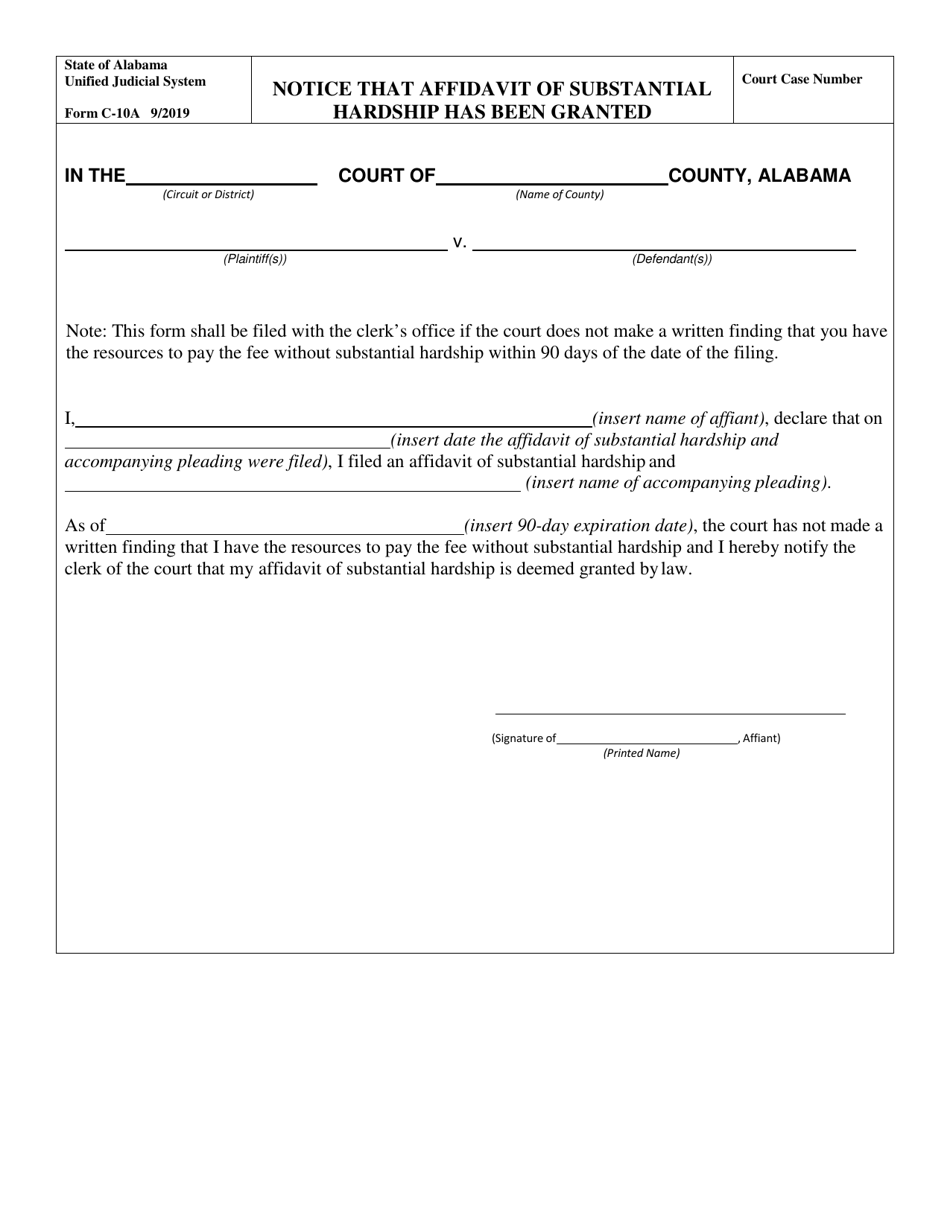 Form C-10A Notice That Affidavit of Substantial Hardship Has Been Granted - Alabama, Page 1