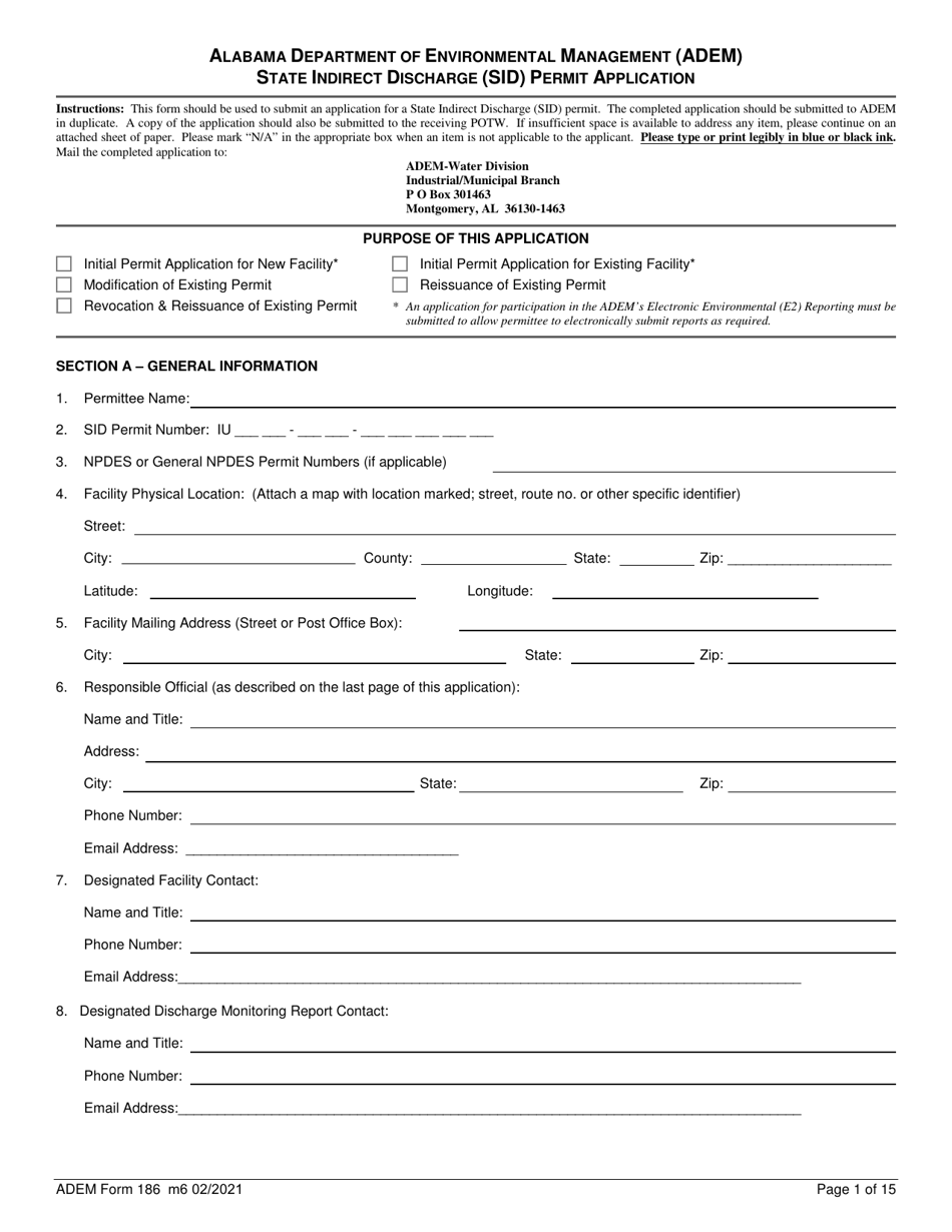 ADEM Form 186 State Indirect Discharge (Sid) Permit Application - Alabama, Page 1
