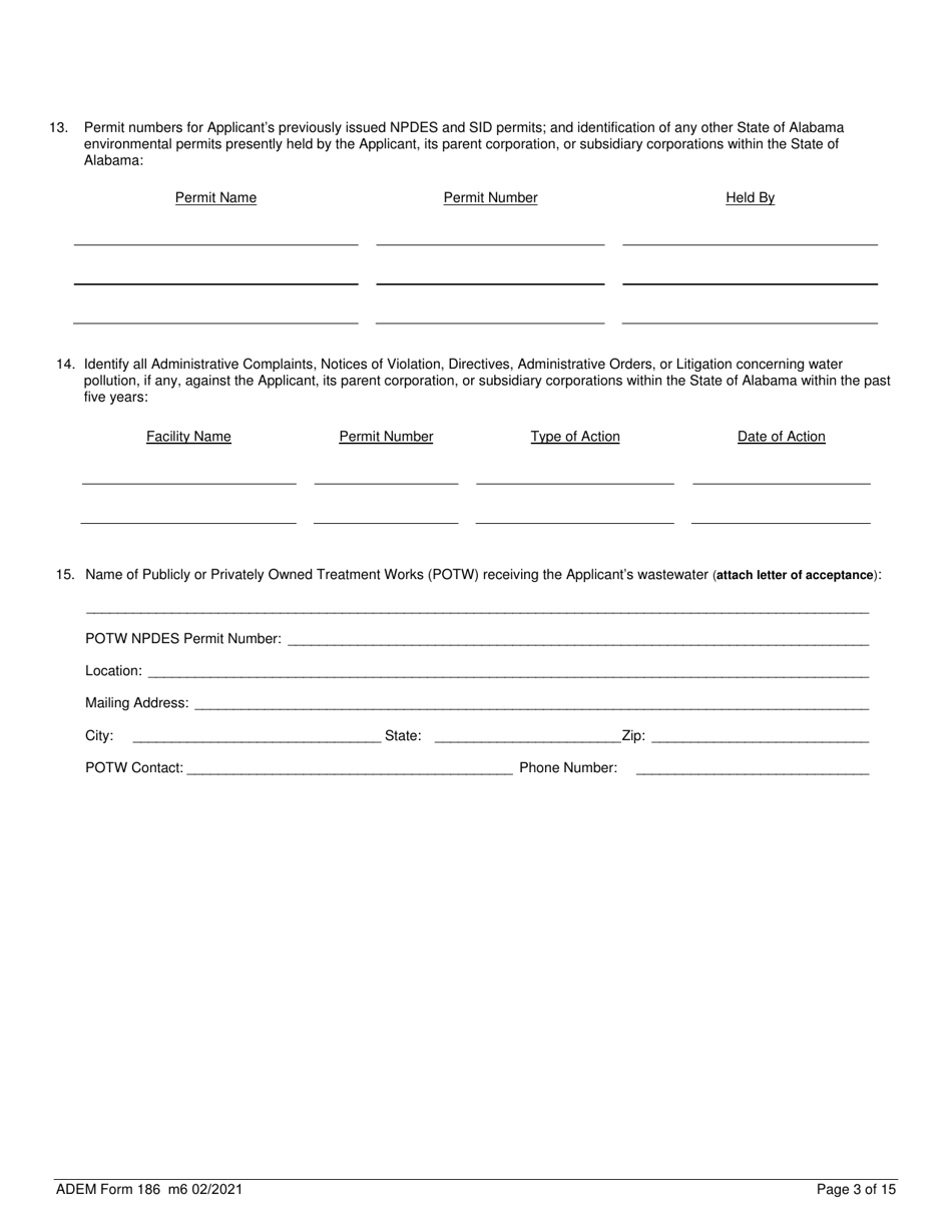 ADEM Form 186 State Indirect Discharge (Sid) Permit Application - Alabama, Page 3