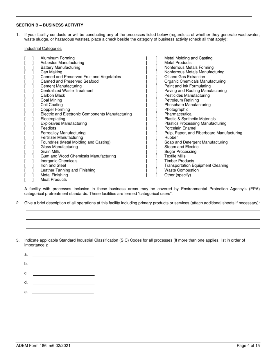ADEM Form 186 State Indirect Discharge (Sid) Permit Application - Alabama, Page 4