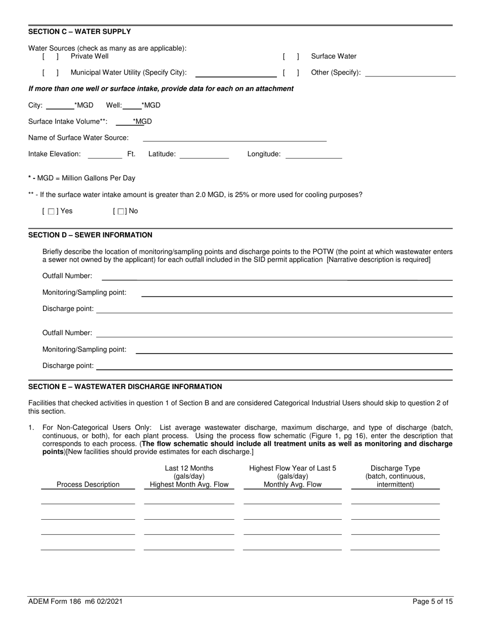 ADEM Form 186 State Indirect Discharge (Sid) Permit Application - Alabama, Page 5