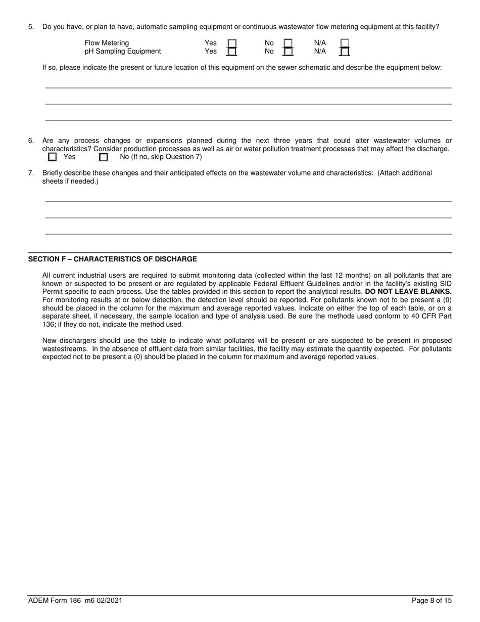 ADEM Form 186 State Indirect Discharge (Sid) Permit Application - Alabama, Page 8