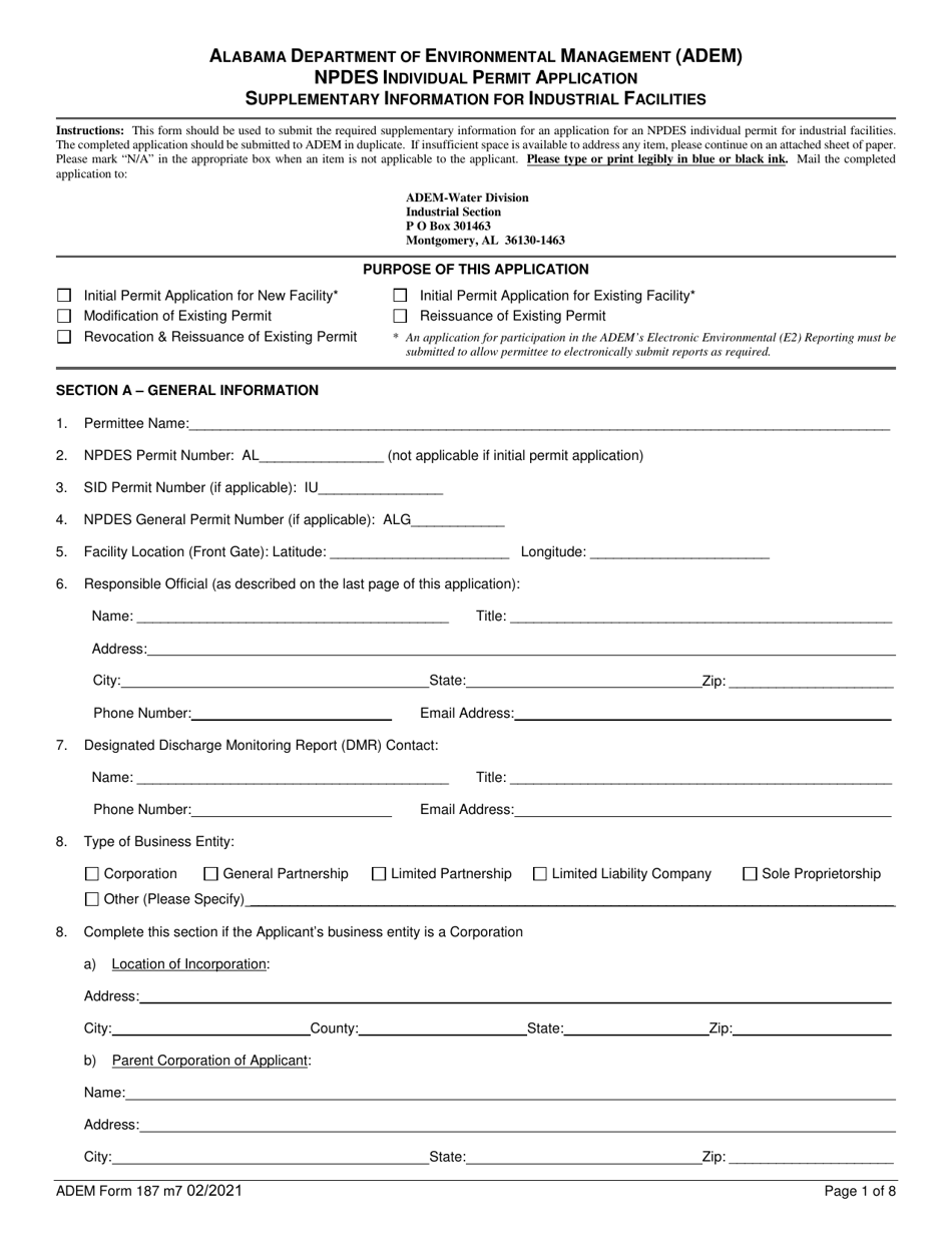ADEM Form 187 Npdes Individual Permit Application Supplementary Information for Industrial Facilities - Alabama, Page 1