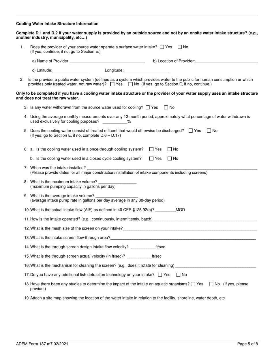 ADEM Form 187 Npdes Individual Permit Application Supplementary Information for Industrial Facilities - Alabama, Page 5