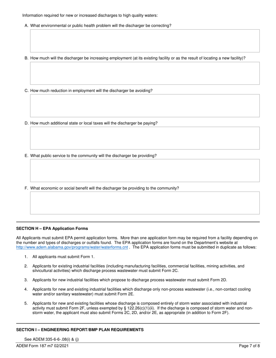 ADEM Form 187 Npdes Individual Permit Application Supplementary Information for Industrial Facilities - Alabama, Page 7