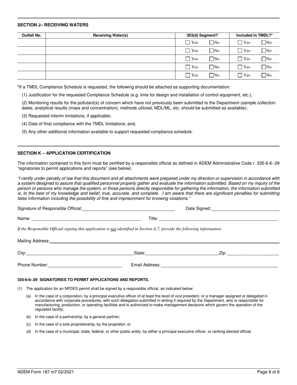 ADEM Form 187 Download Fillable PDF or Fill Online Npdes Individual ...