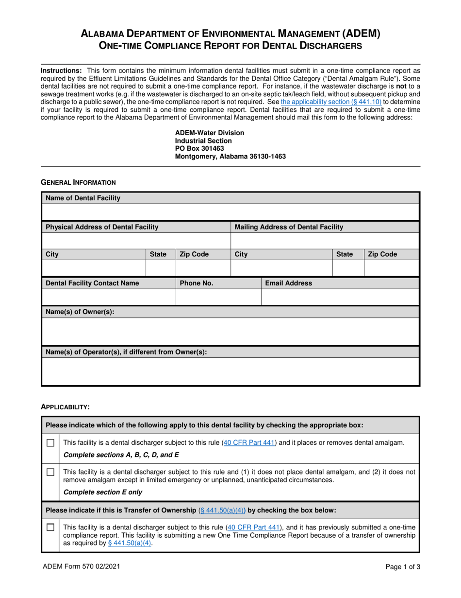 ADEM Form 570 On-Time Compliance Report for Dental Discharges - Alabama, Page 1