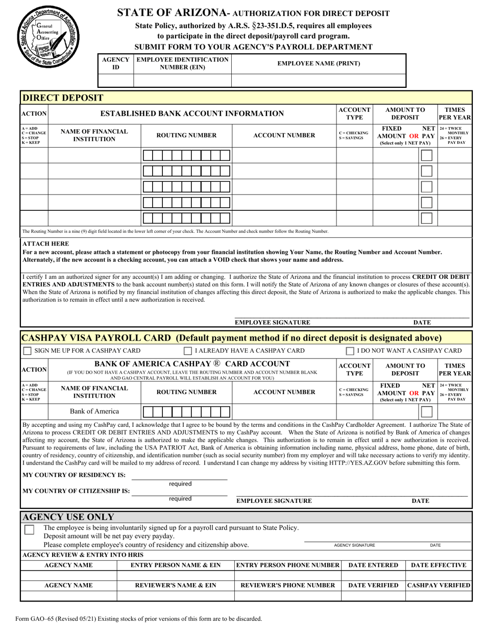 Form GAO-65 Authorization for a Direct Deposit of Net Pay or Payroll Deduction - Arizona, Page 1