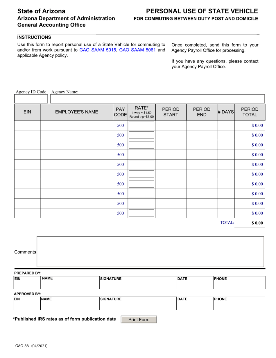 Form GAO-88 Personal Use of State Vehicle - Arizona, Page 1