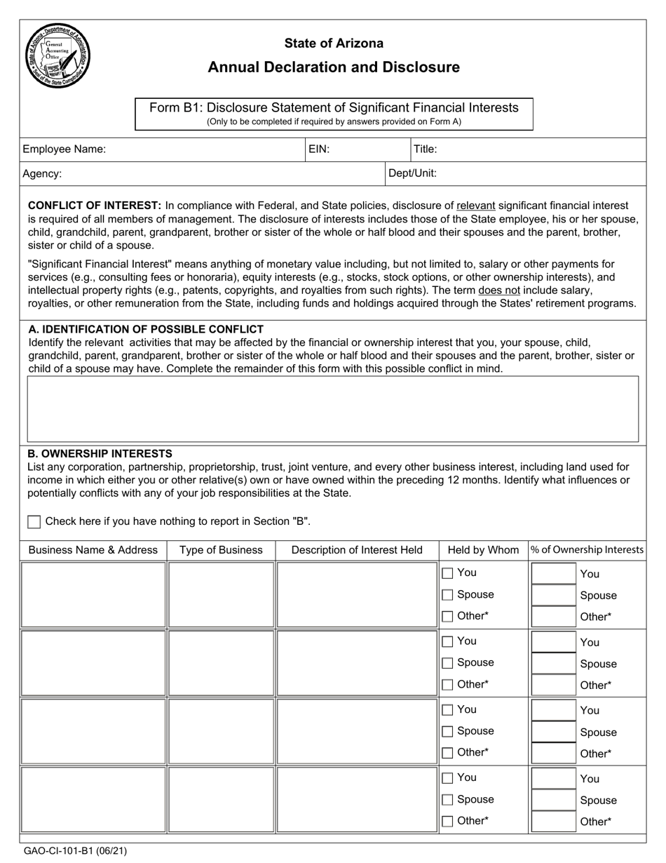 Form GAO-CI-101-B1 (B1) Annual Declaration and Disclosure - Arizona, Page 1