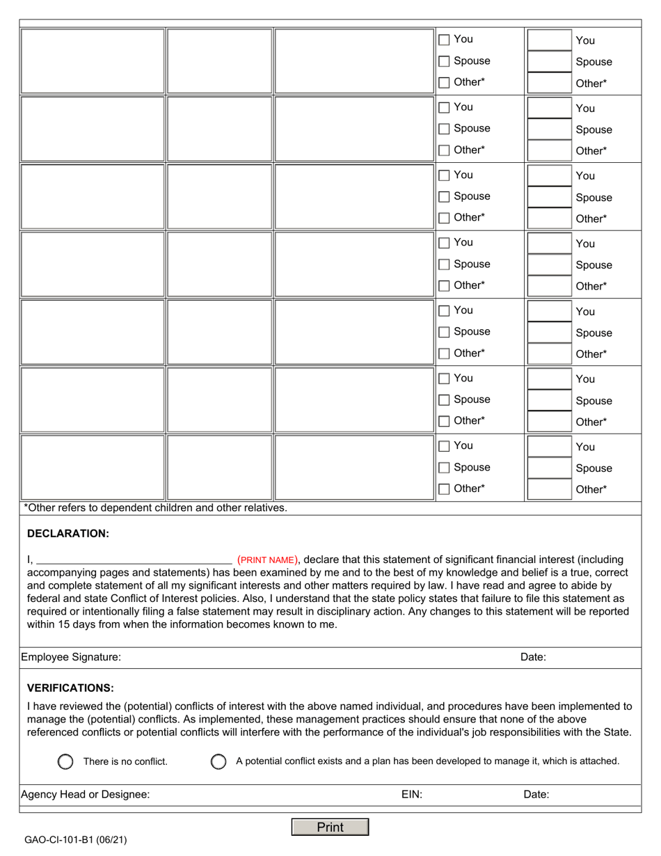 Form GAO-CI-101-B1 (B1) Annual Declaration and Disclosure - Arizona, Page 2