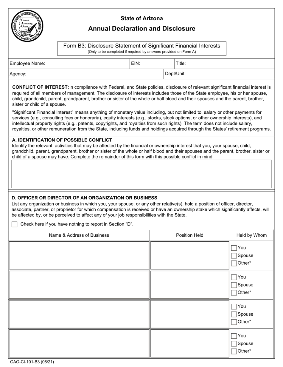 Form GAO-CI-101-B3 (B3) Annual Declaration and Disclosure - Arizona, Page 1