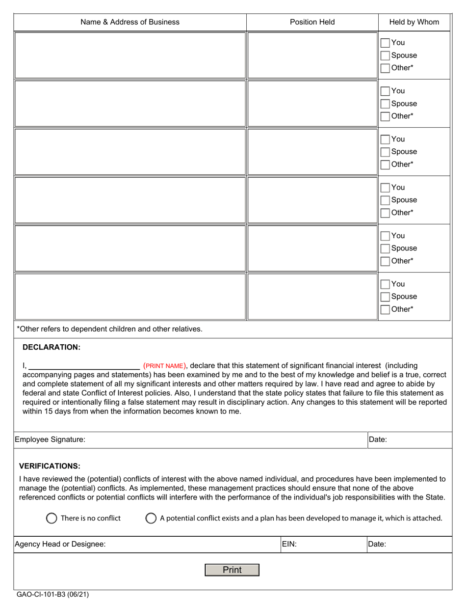 Form GAO-CI-101-B3 (B3) Annual Declaration and Disclosure - Arizona, Page 2