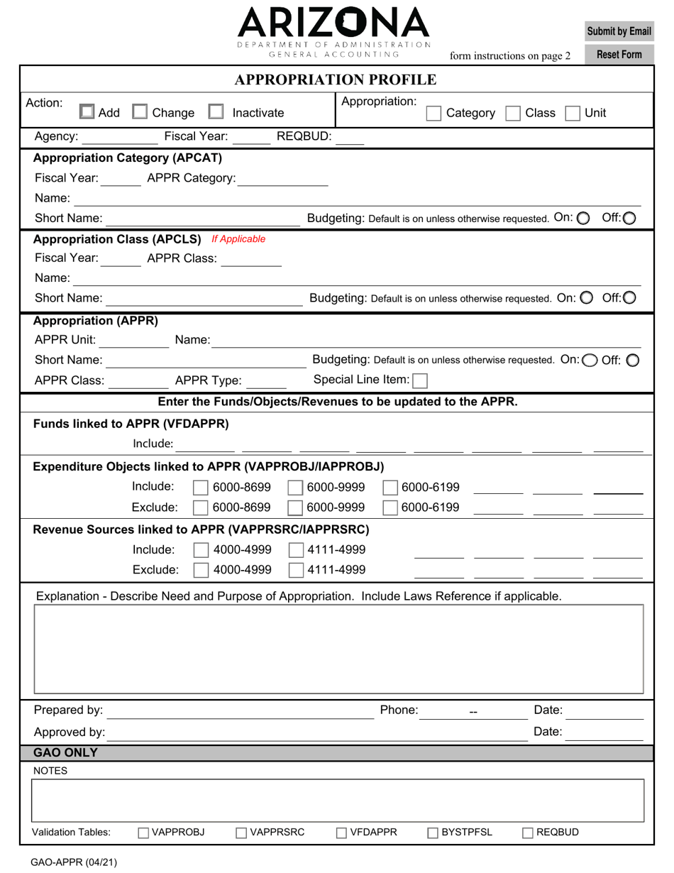 Form GAO-APPR Appropriation Profile - Arizona, Page 1