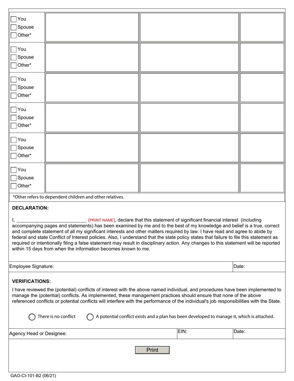 Form GAO-CI-101-B2 (B2) Annual Declaration and Disclosure - Arizona, Page 2
