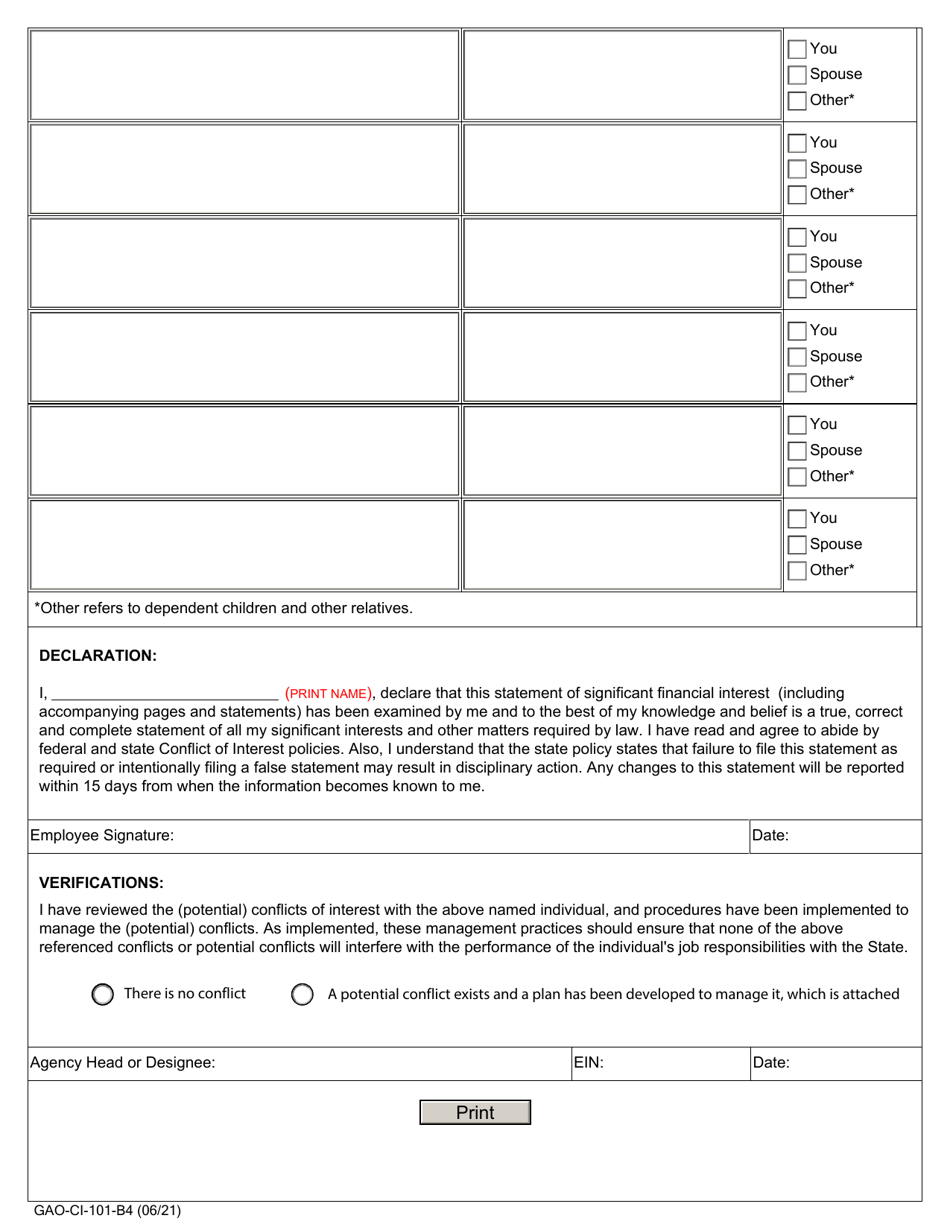 Form GAO-CI-101-B4 (B4) Annual Declaration and Disclosure - Arizona, Page 2
