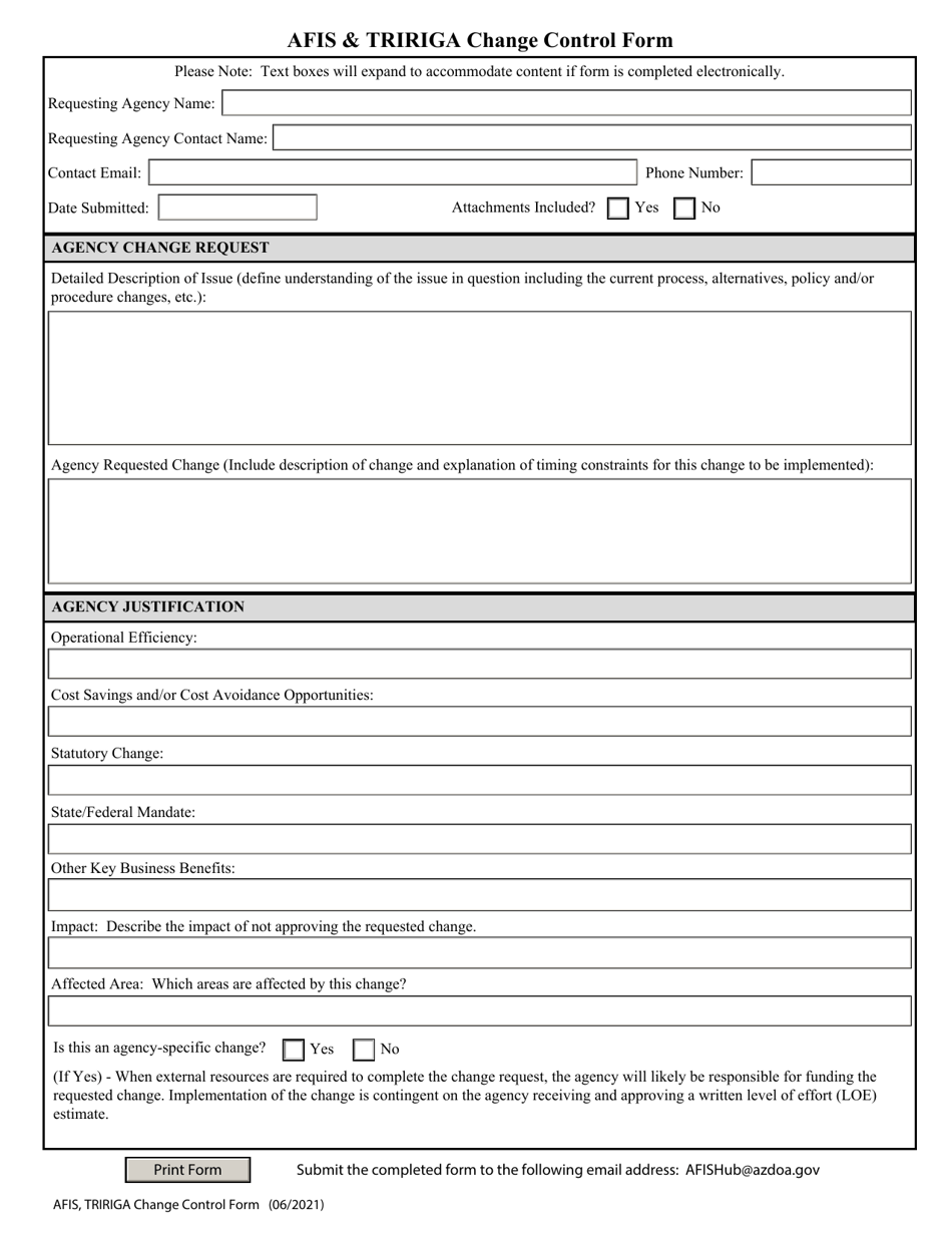 Afis  Tririga Change Control Form - Arizona, Page 1