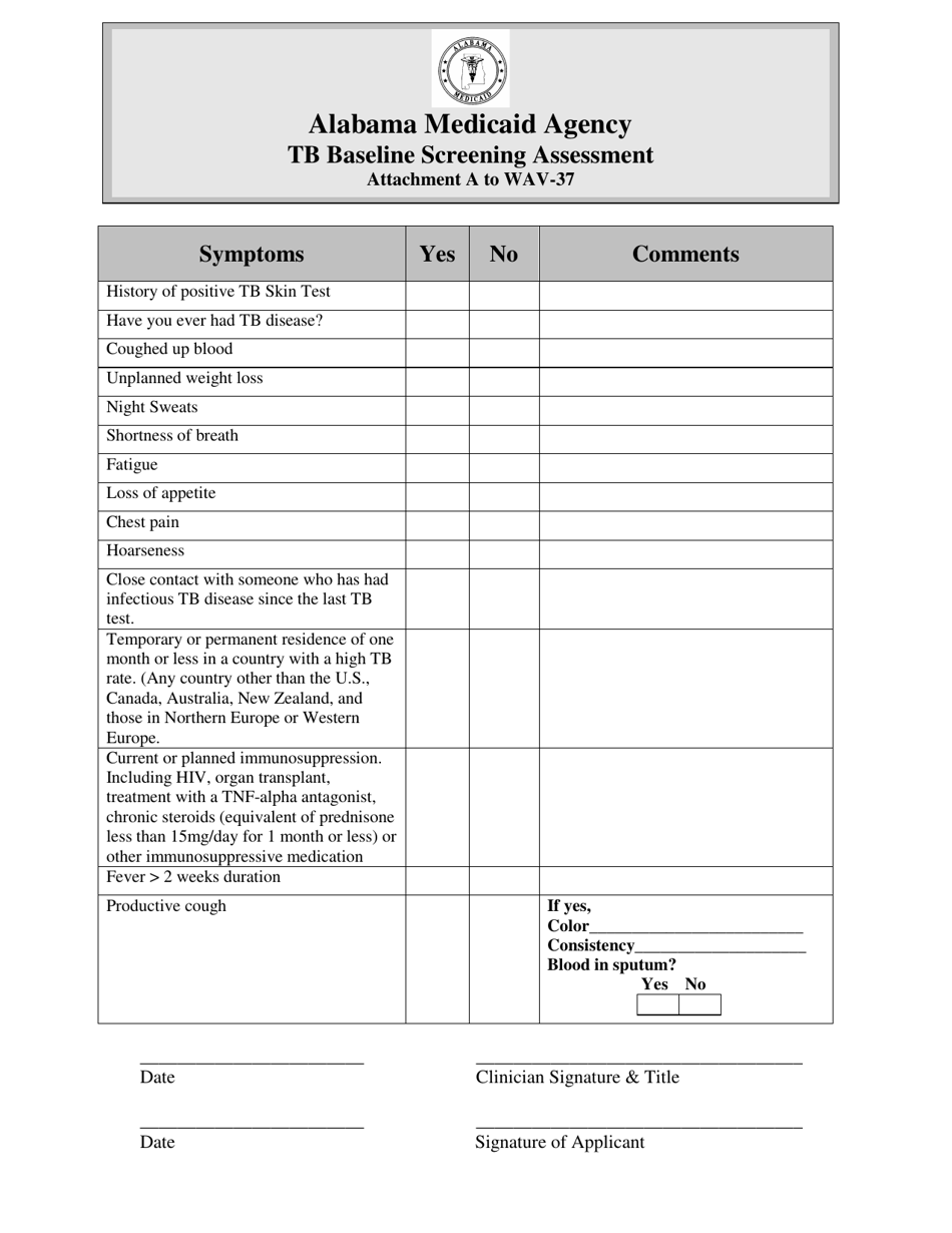 Form WAV-37 Attachment A Tb Baseline Screening Assessment - Alabama, Page 1