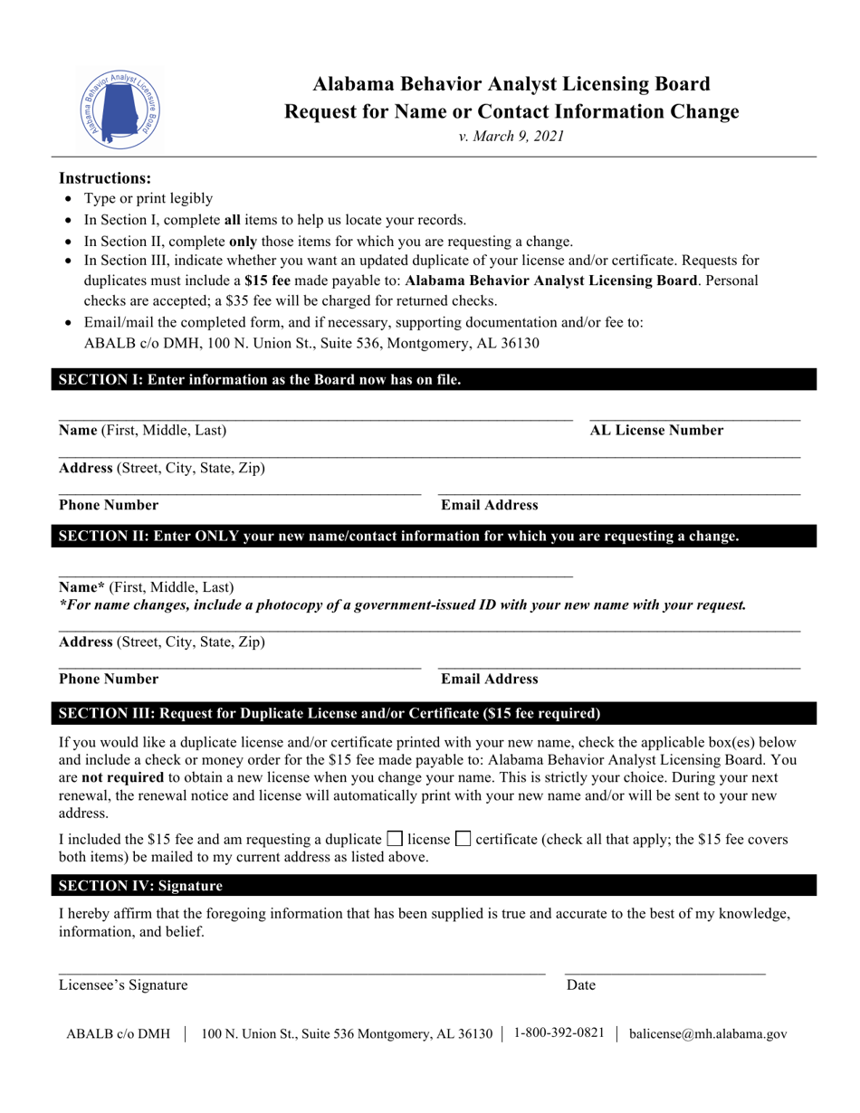 Request for Name or Contact Information Change - Alabama, Page 1