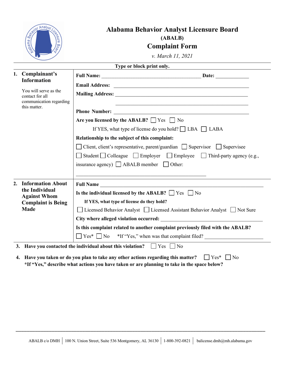 Alabama Behavior Analyst Licensure Board (Abalb) Complaint Form - Alabama, Page 1