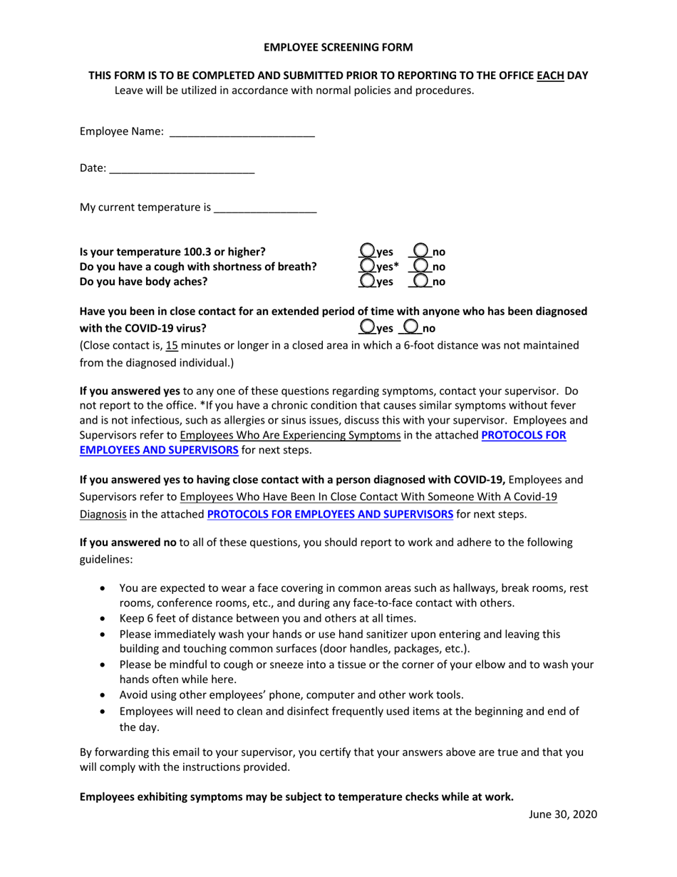 Employee Screening Form - Alabama, Page 1