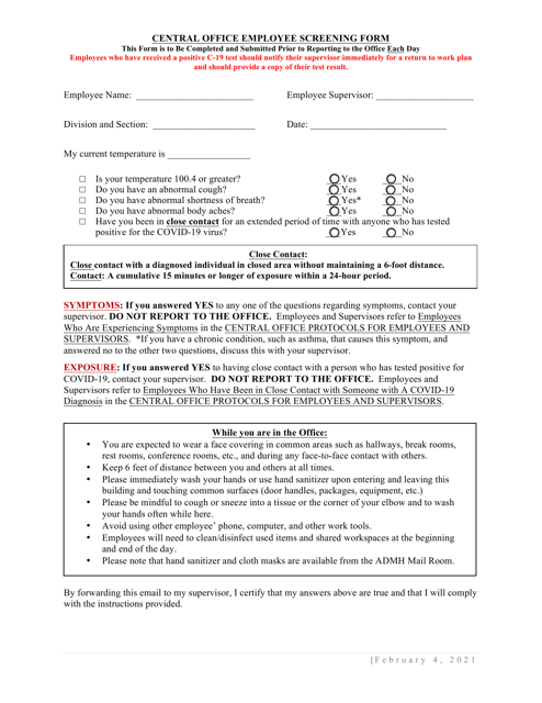 Central Office Employee Screening Form - Alabama Download Pdf