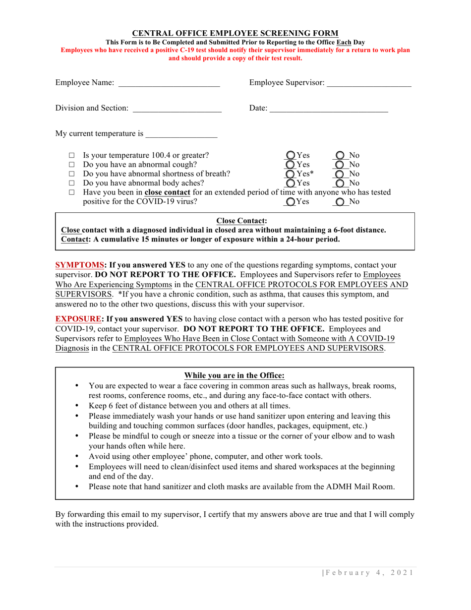 Central Office Employee Screening Form - Alabama, Page 1