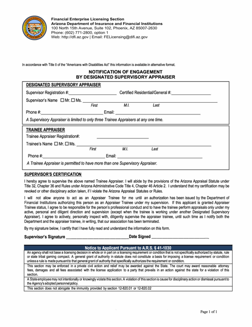 Notification of Engagement by Designated Supervisory Appraiser - Arizona