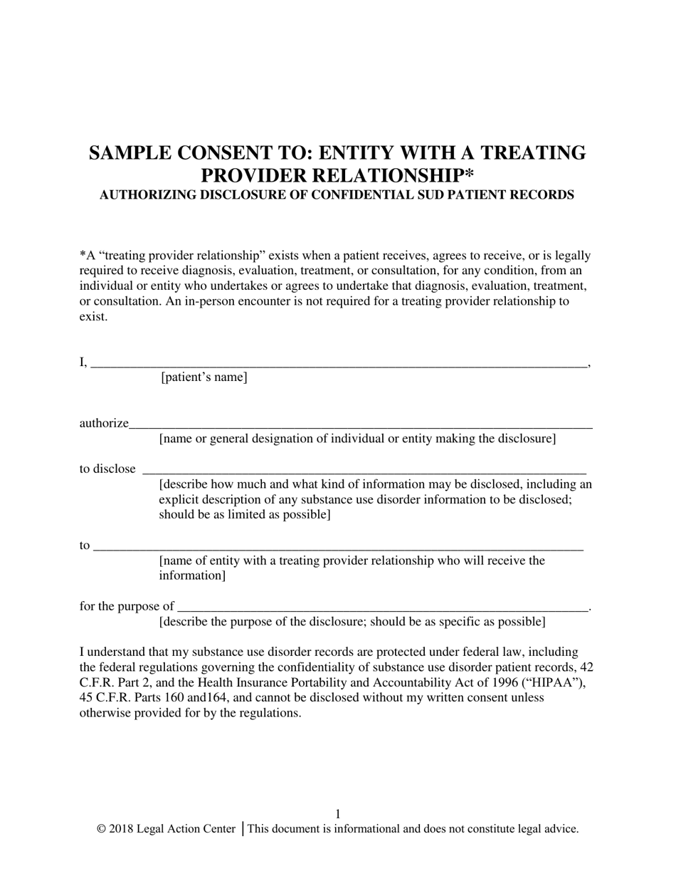 Sample Consent to: Entity With a Treating Provider Relationship Authorizing Disclosure of Confidential Sud Patient Records - Alabama, Page 1