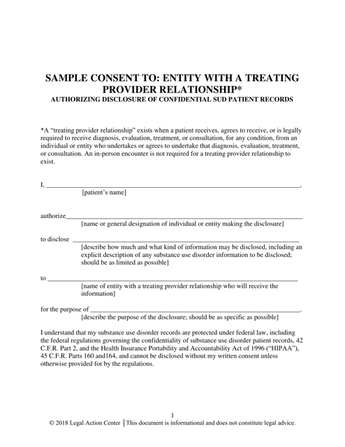 Sample Consent to: Entity With a Treating Provider Relationship Authorizing Disclosure of Confidential Sud Patient Records - Alabama Download Pdf