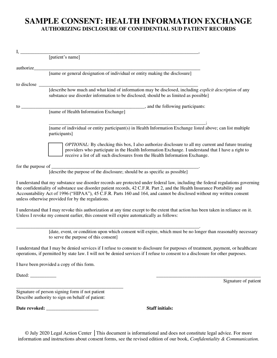 Sample Consent: Health Information Exchange Authorizing Disclosure of Confidential Sud Patient Records - Alabama, Page 1