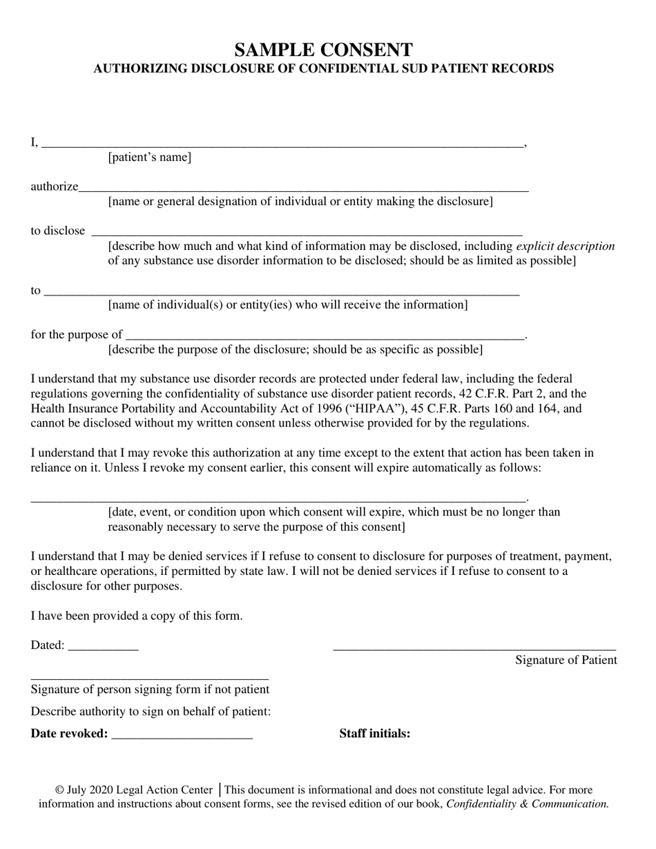 Sample Consent Authorizing Disclosure of Confidential Sud Patient Records - Alabama, Page 1