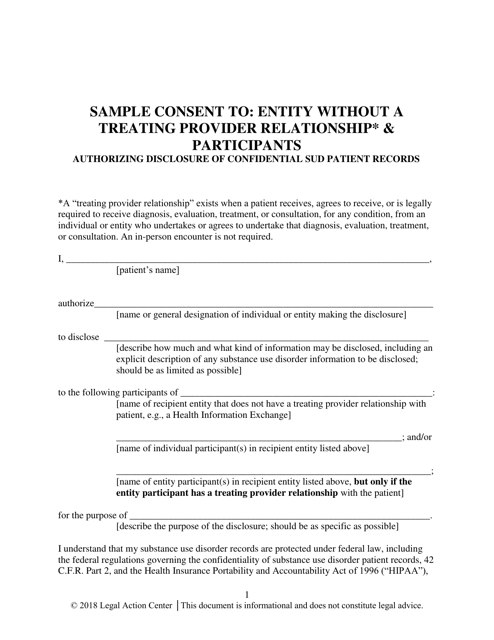 Sample Consent to: Entity Without a Treating Provider Relationship & Participants Authorizing Disclosure of Confidential Sud Patient Records - Alabama