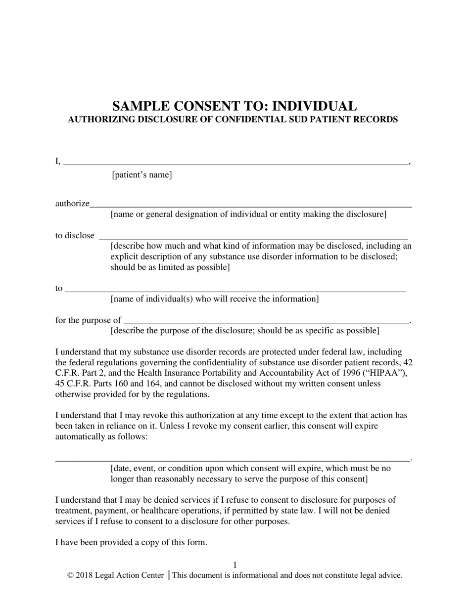 Sample Consent to: Individual Authorizing Disclosure of Confidential Sud Patient Records - Alabama, Page 1