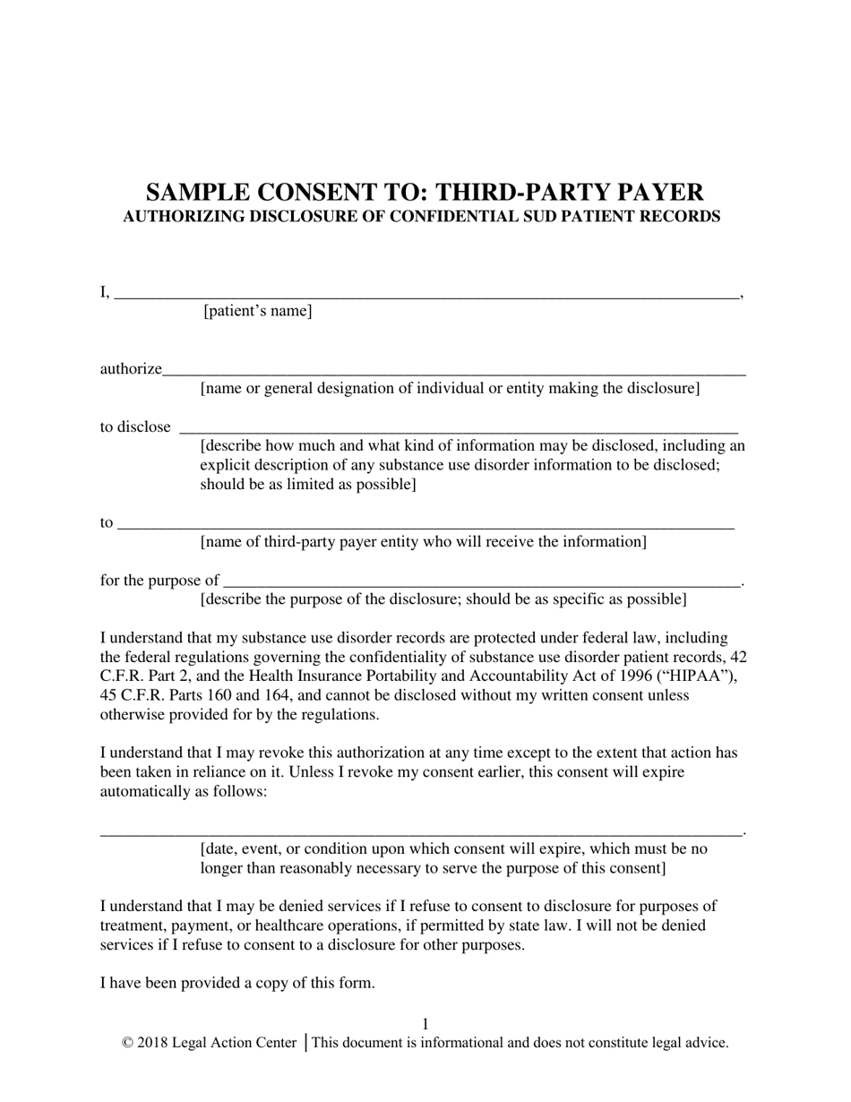 Sample Consent to: Third-Party Payer Authorizing Disclosure of Confidential Sud Patient Records - Alabama, Page 1