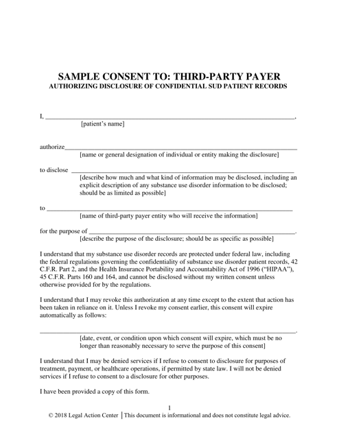 Sample Consent to: Third-Party Payer Authorizing Disclosure of Confidential Sud Patient Records - Alabama