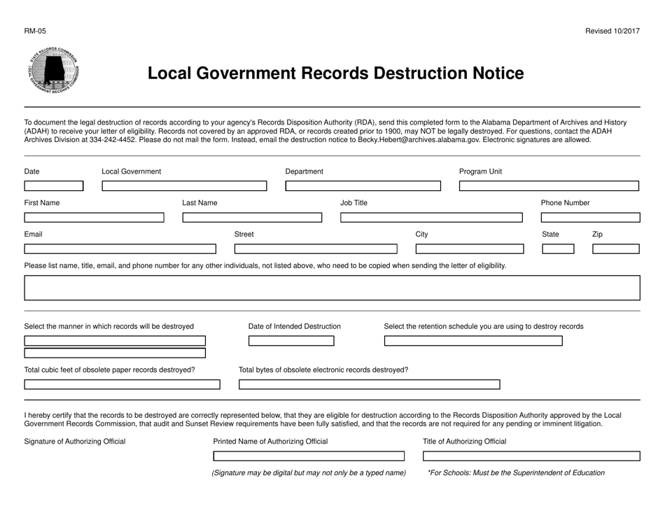 Form RM-05 Local Government Records Destruction Notice - Alabama, Page 1