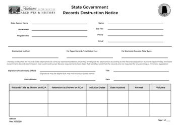 Document preview: Form RM-07 State Government Records Destruction Notice - Alabama