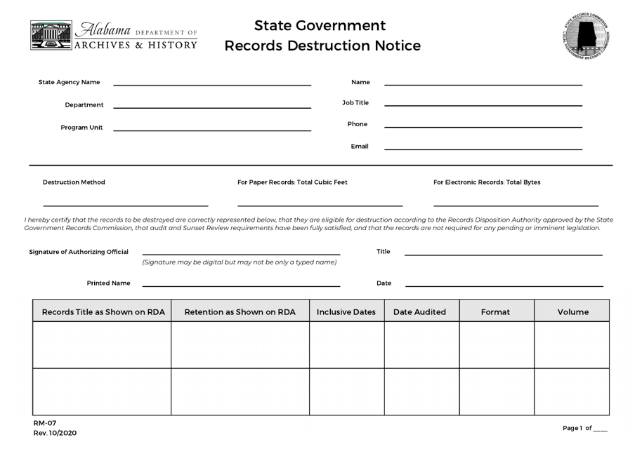 Form RM-07 State Government Records Destruction Notice - Alabama