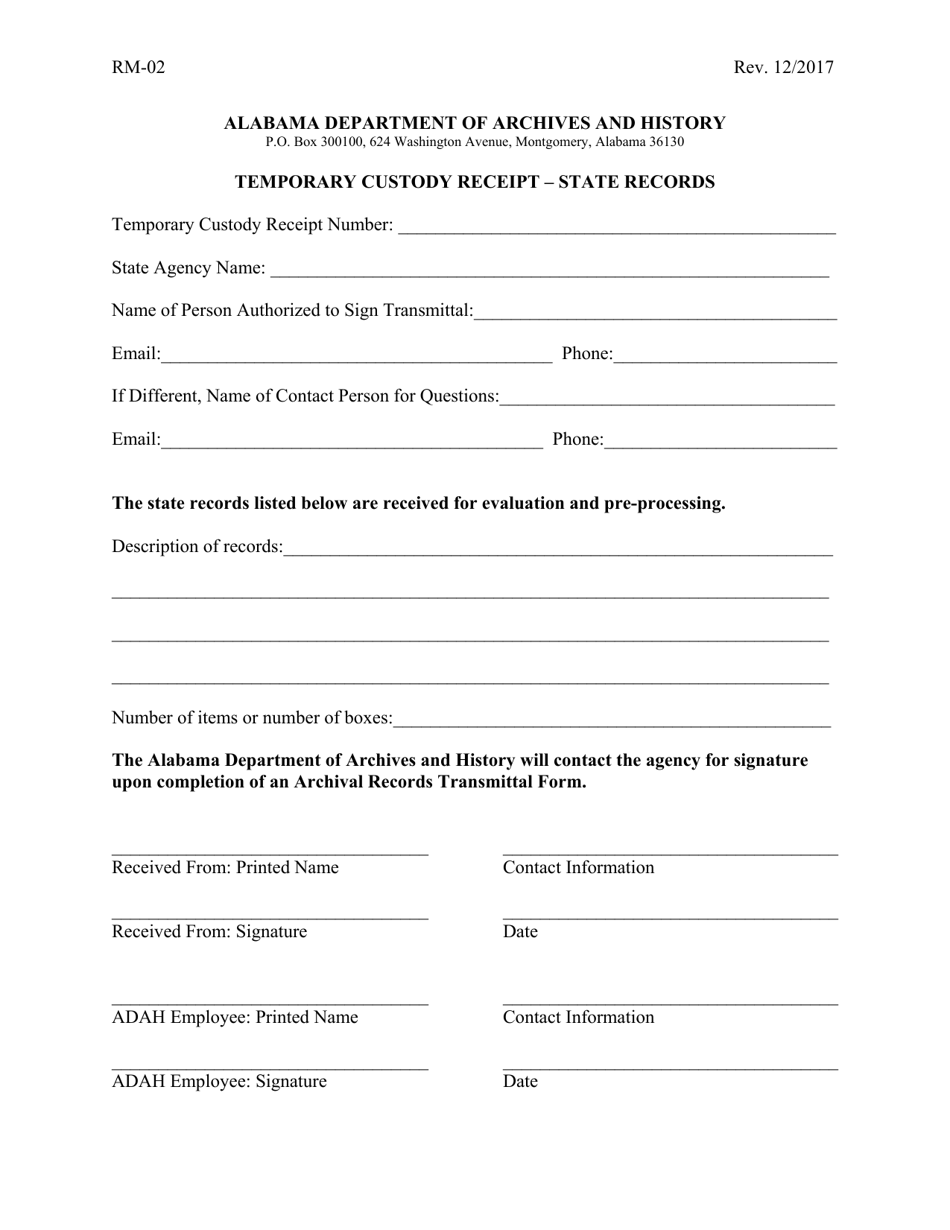 form rm 02 download printable pdf or fill online temporary custody receipt state records alabama templateroller