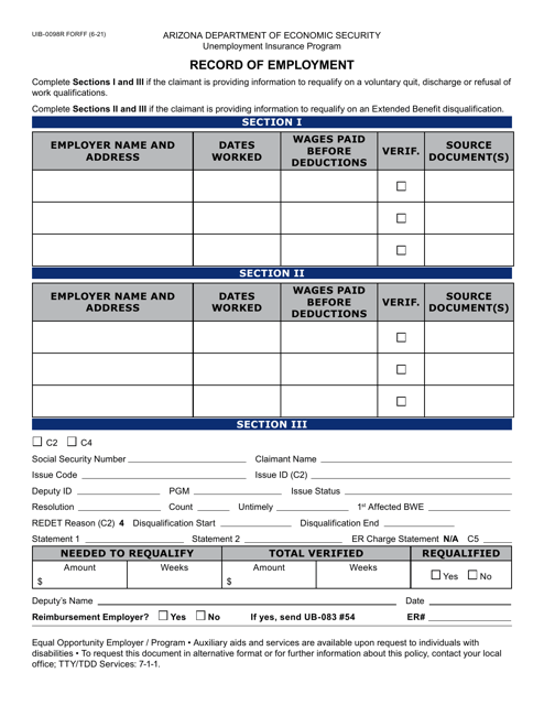 Form UIB-0098R Record of Employment - Arizona