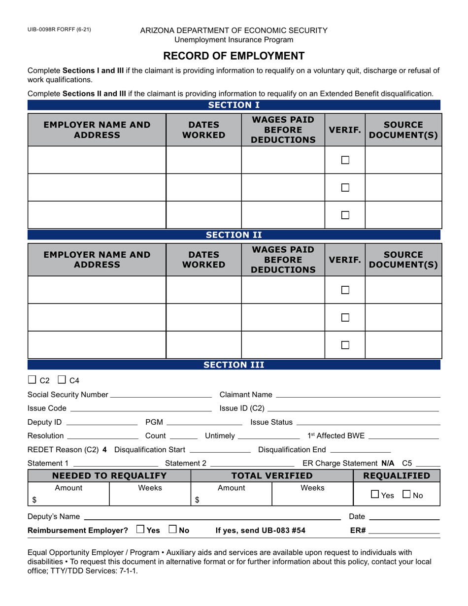 Form UIB-0098R Record of Employment - Arizona, Page 1